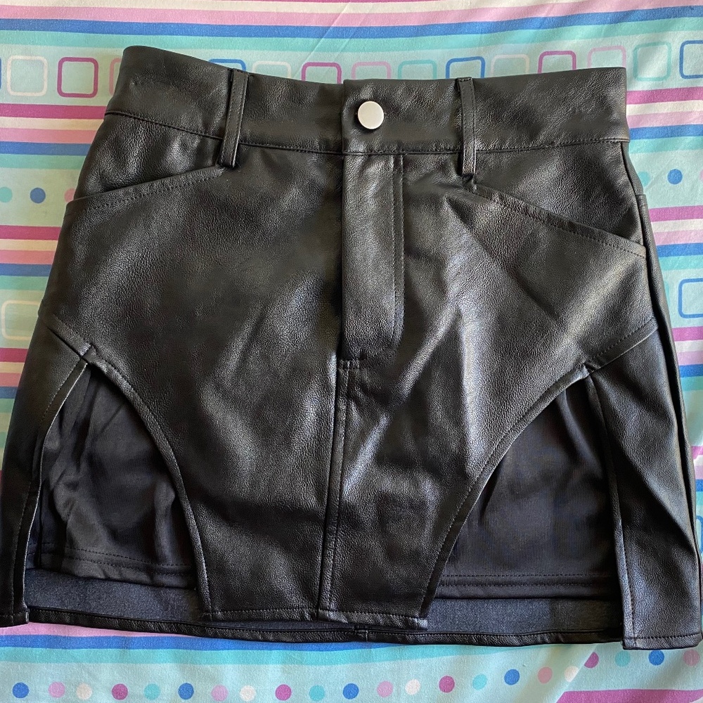 FashionNova black leather double front slit mini skirt